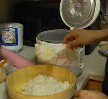 Rice into tub